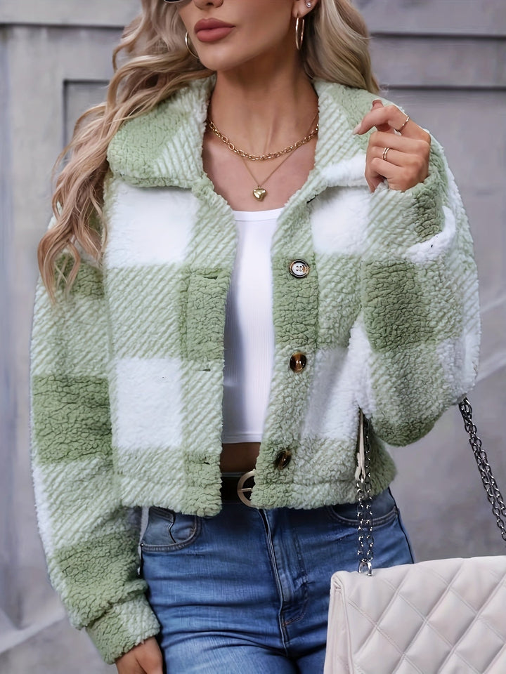 Sorvienne Relaxed Cropped Check Borg Jacket in Sage Green