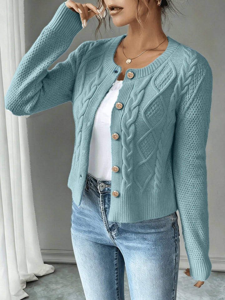 Sorvienne Cropped Cable Knit Cardigan in Sky Blue