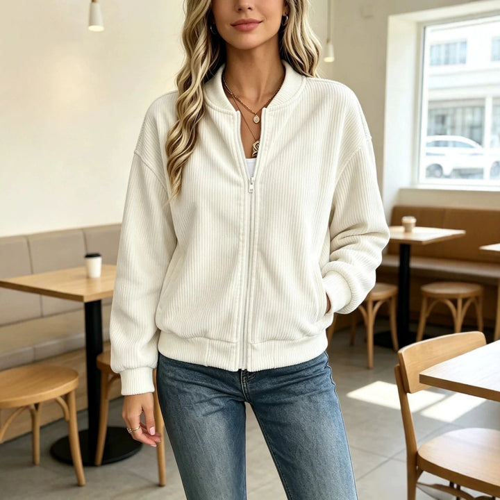 Sorvienne Relaxed Ribbed Cord Bomber Jacket in White