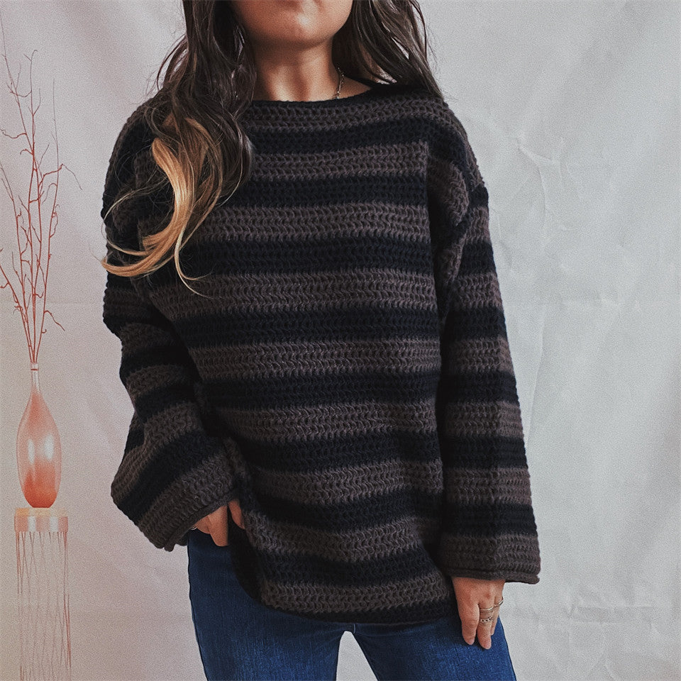 Sorvienne Oversized Striped Jumper in Chunky Knit in Brown Stripe