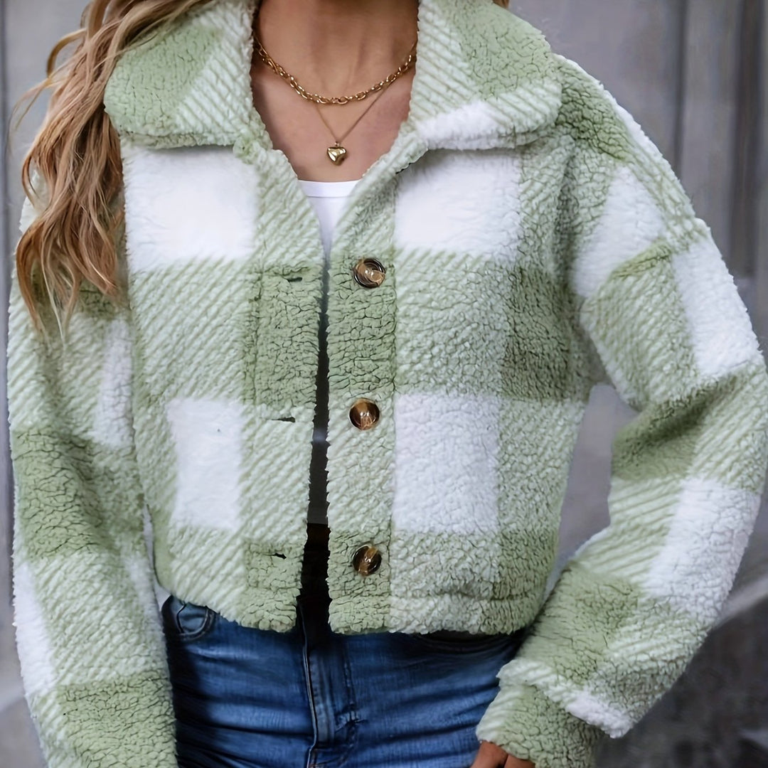Sorvienne Relaxed Cropped Check Borg Jacket in Sage Green