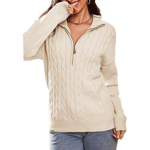 Sorvienne Relaxed Cable Knit Quarter Zip Jumper in Cream
