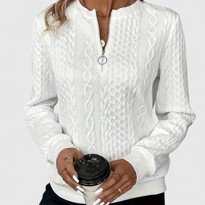 Sorvienne Relaxed Cable Texture Quarter Zip Jumper in White