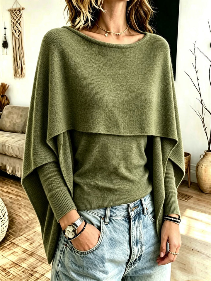 Sorvienne Relaxed Layered Cape Jumper in Olive