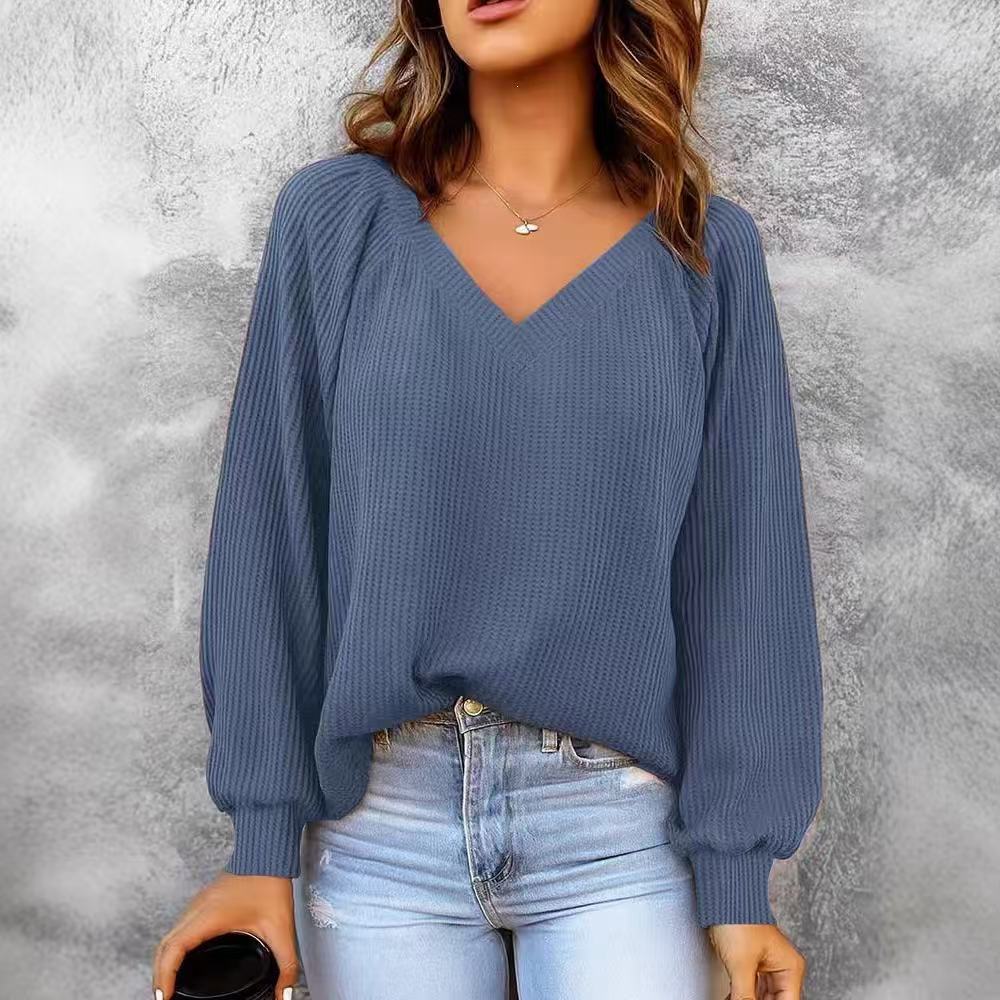 Sorvienne Relaxed Raglan Rib V Neck Jumper in Denim Blue