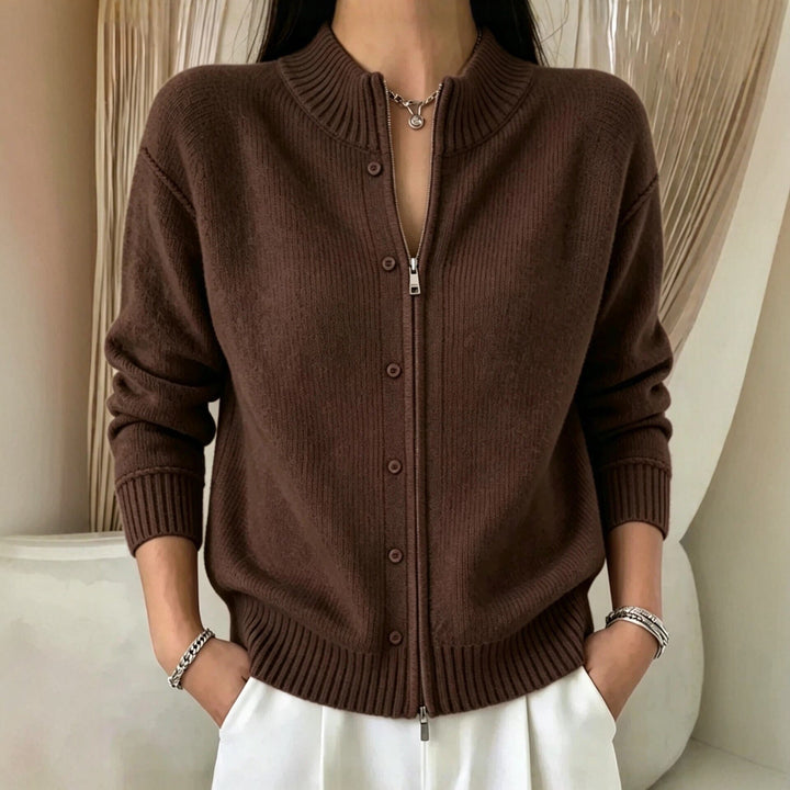 Sorvienne Mock Neck Zip Through Cardigan in Brown