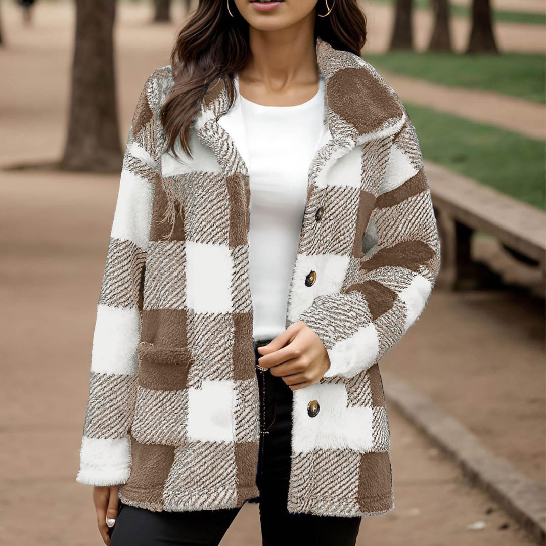 Sorvienne Relaxed Borg Check Shacket in Brown