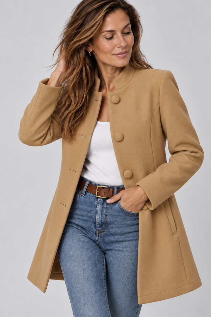 Sorvienne Tailored Wool Look Stand Collar Coat in Camel