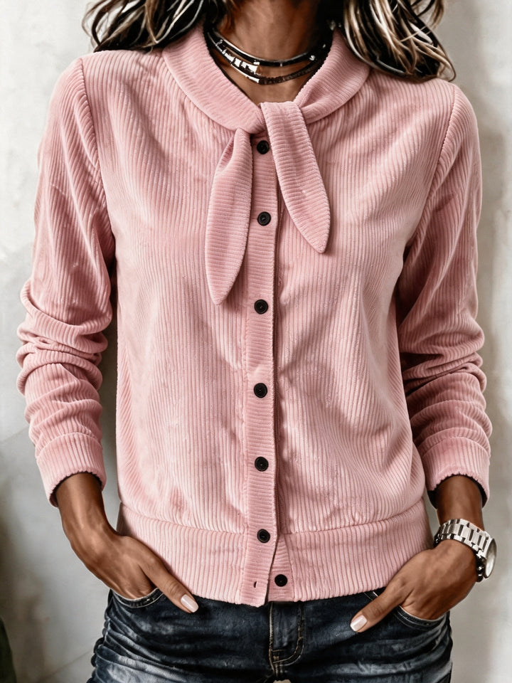 Sorvienne Slim Ribbed Tie Neck Cardigan in Pink