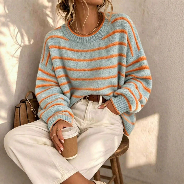 Sorvienne Relaxed Crew Neck Striped Jumper in Blue Stripe
