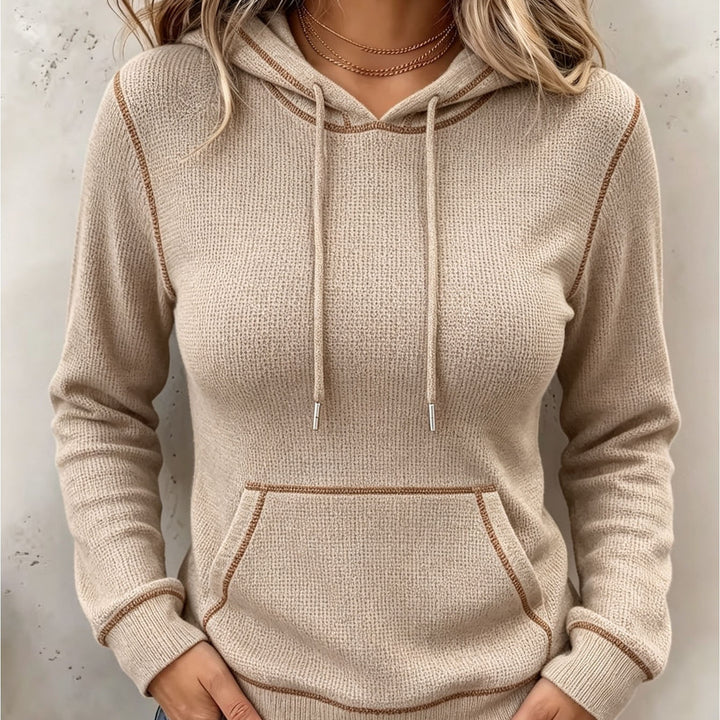 Sorvienne Relaxed Contrast Stitch Knitted Hoodie in Beige