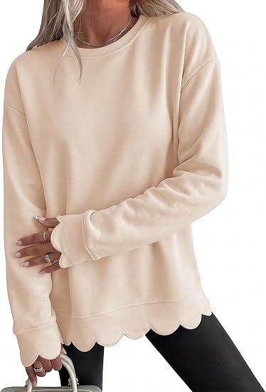 Sorvienne Relaxed Scallop Hem Crew Neck Sweatshirt in Cream