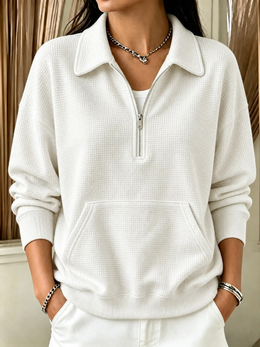 Sorvienne Relaxed Waffle Collared Half Zip Sweatshirt in White
