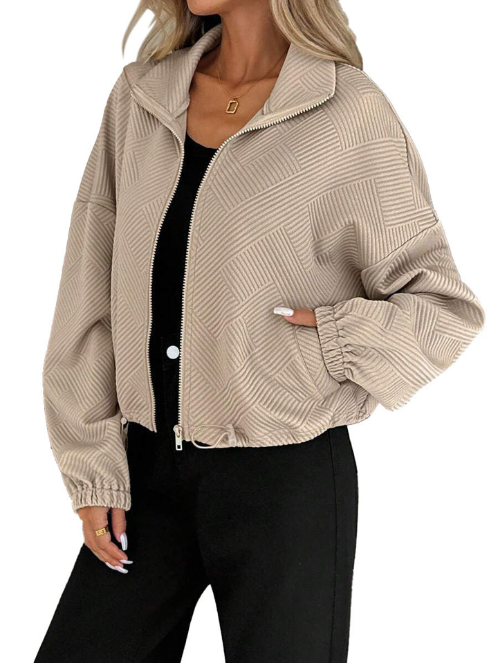 Sorvienne Relaxed Textured Funnel Neck Jacket in Beige