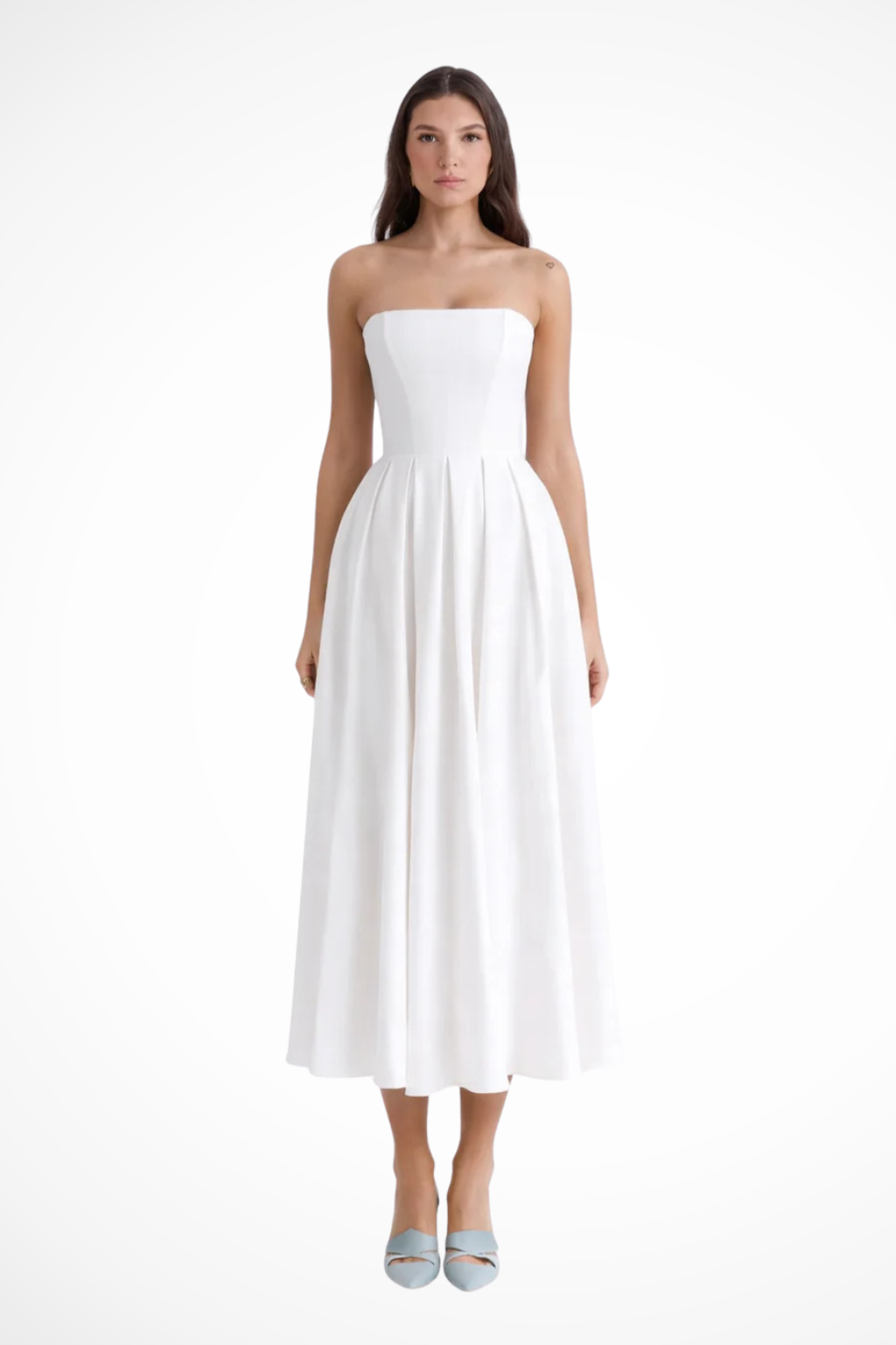 Sorvienne Women's Strapless Corset Flared Midi Dress in White