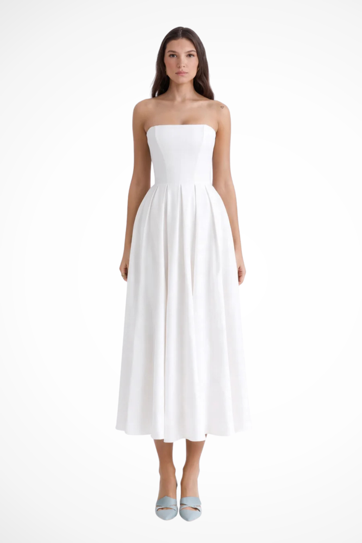 Sorvienne Women's Strapless Corset Flared Midi Dress in White