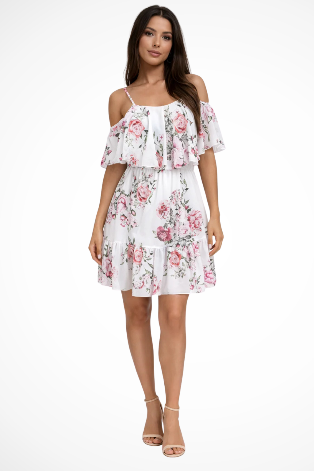Sorvienne Women's Off Shoulder Floral Mini Dress in White