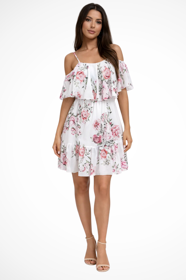 Sorvienne Women's Off Shoulder Floral Mini Dress in White
