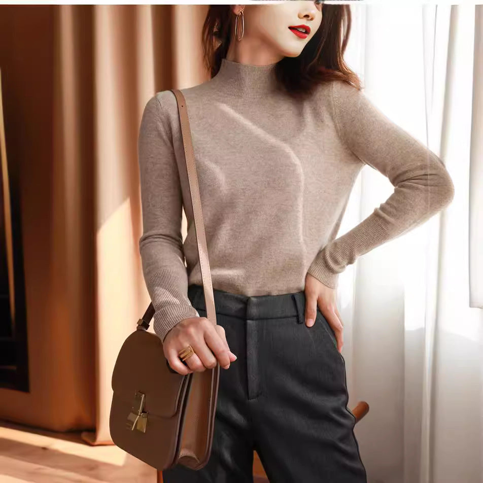 Sorvienne Slim Fine Knit Mock Neck Jumper in Camel