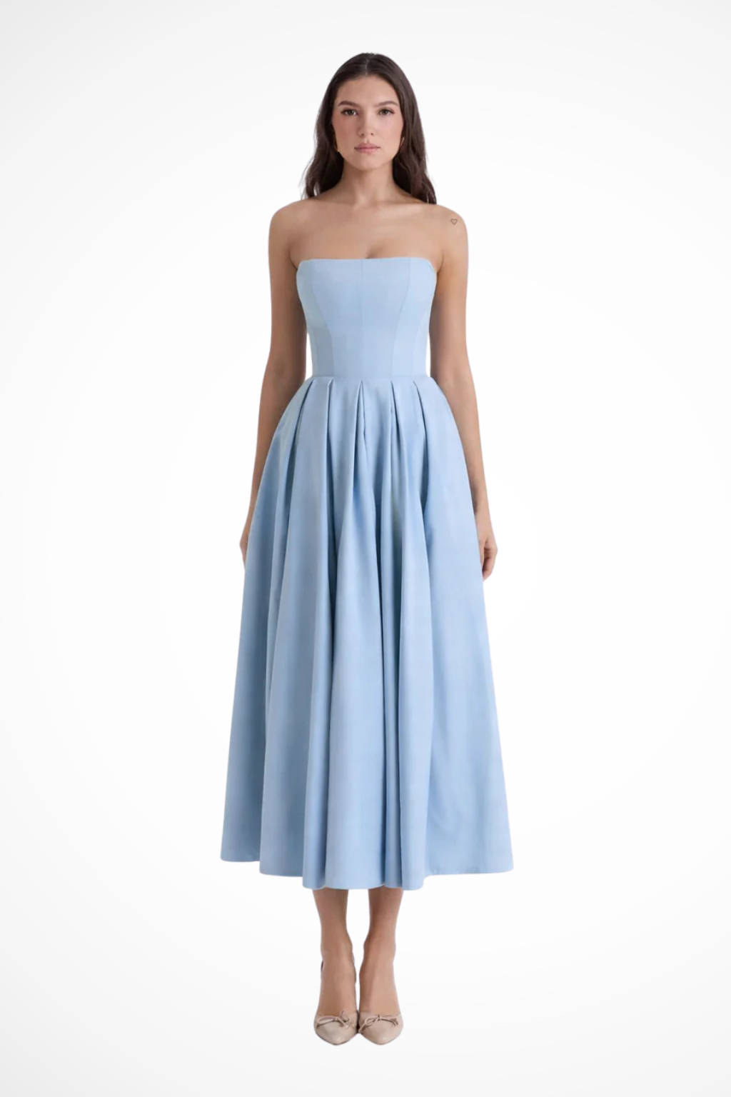 Sorvienne Women's Strapless Corset Flared Midi Dress in Blue