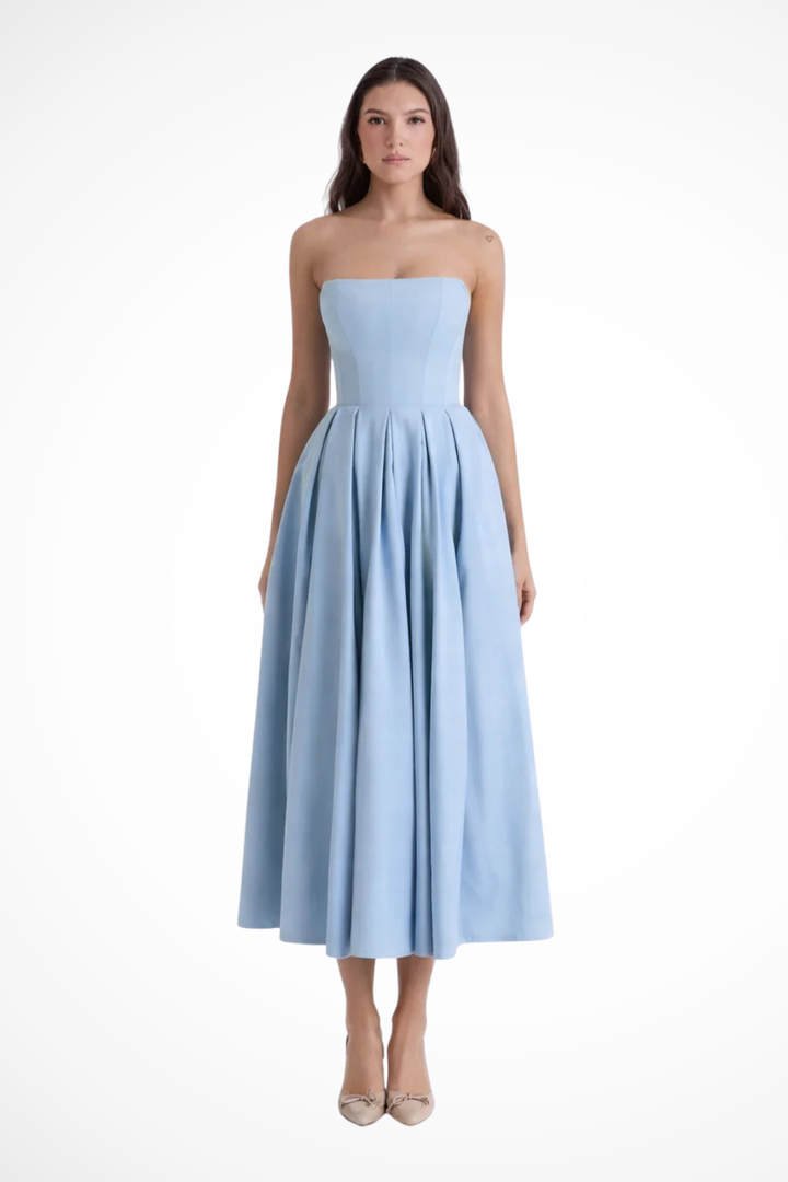 Sorvienne Women's Strapless Corset Flared Midi Dress in Blue