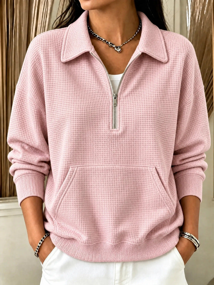 Sorvienne Relaxed Waffle Collared Half Zip Sweatshirt in Pink
