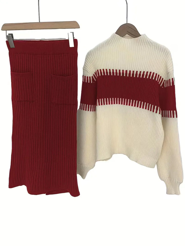 Sorvienne Relaxed Colour Block Knit Skirt Set in Red