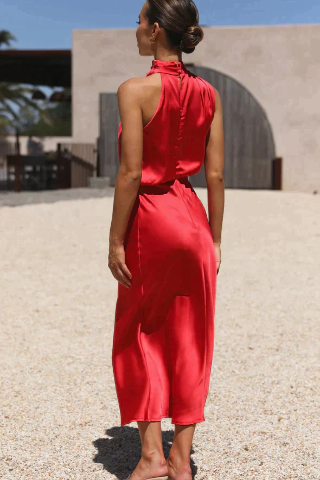 Sorvienne Women's Satin Halter Neck Midi Dress