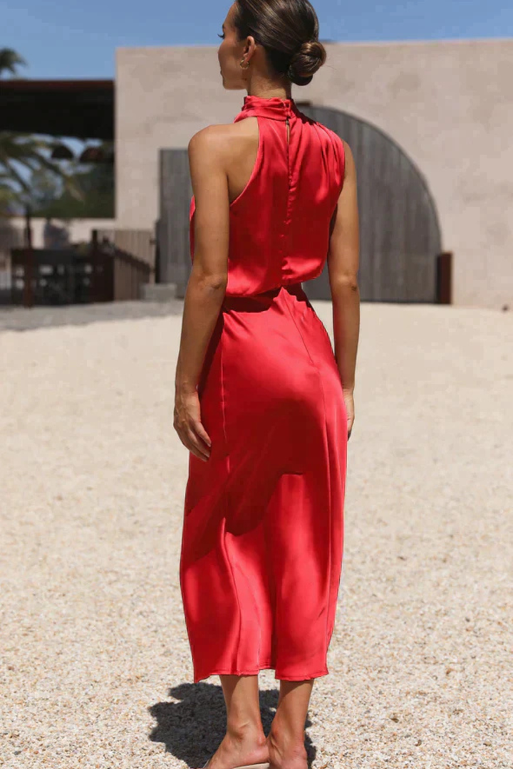 Sorvienne Women's Satin Halter Neck Midi Dress