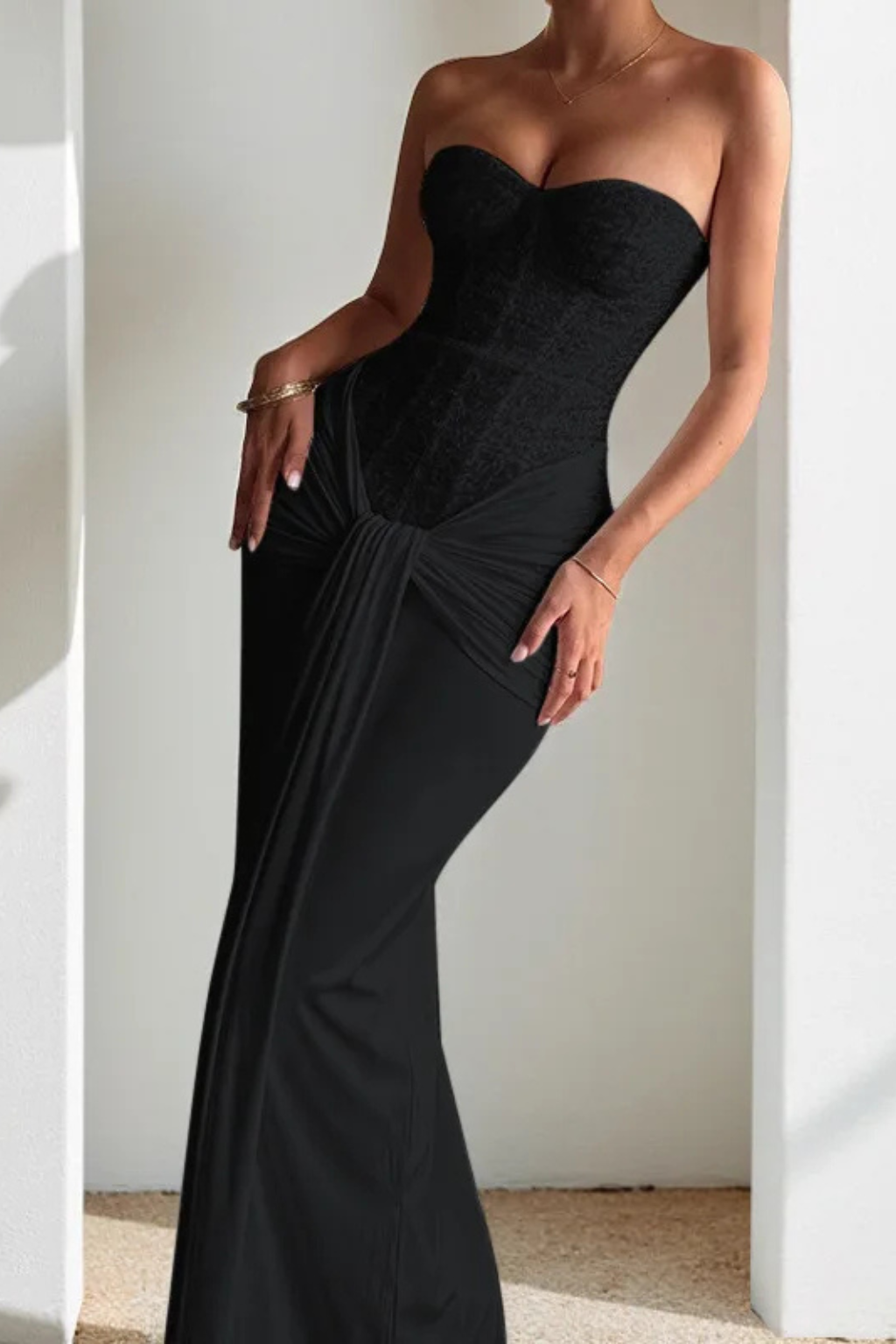 Sorvienne Women's Lace Corset Strapless Draped Maxi Dress