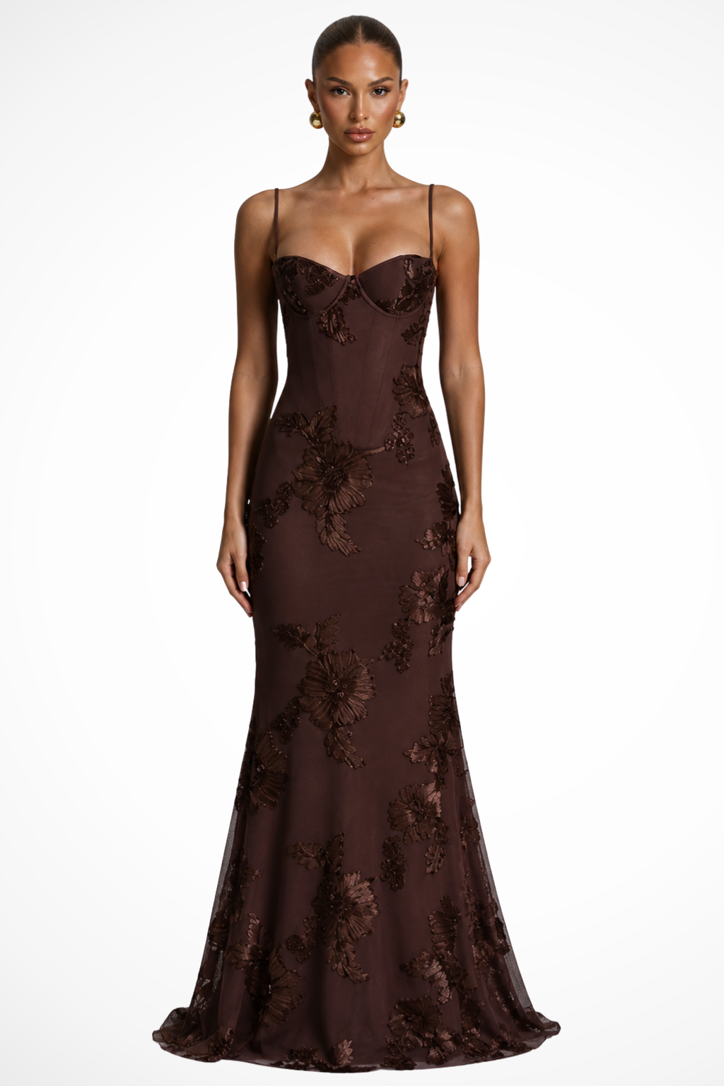 Brown Women's Floral Embroidered Corset Maxi Dress – Sorvienne