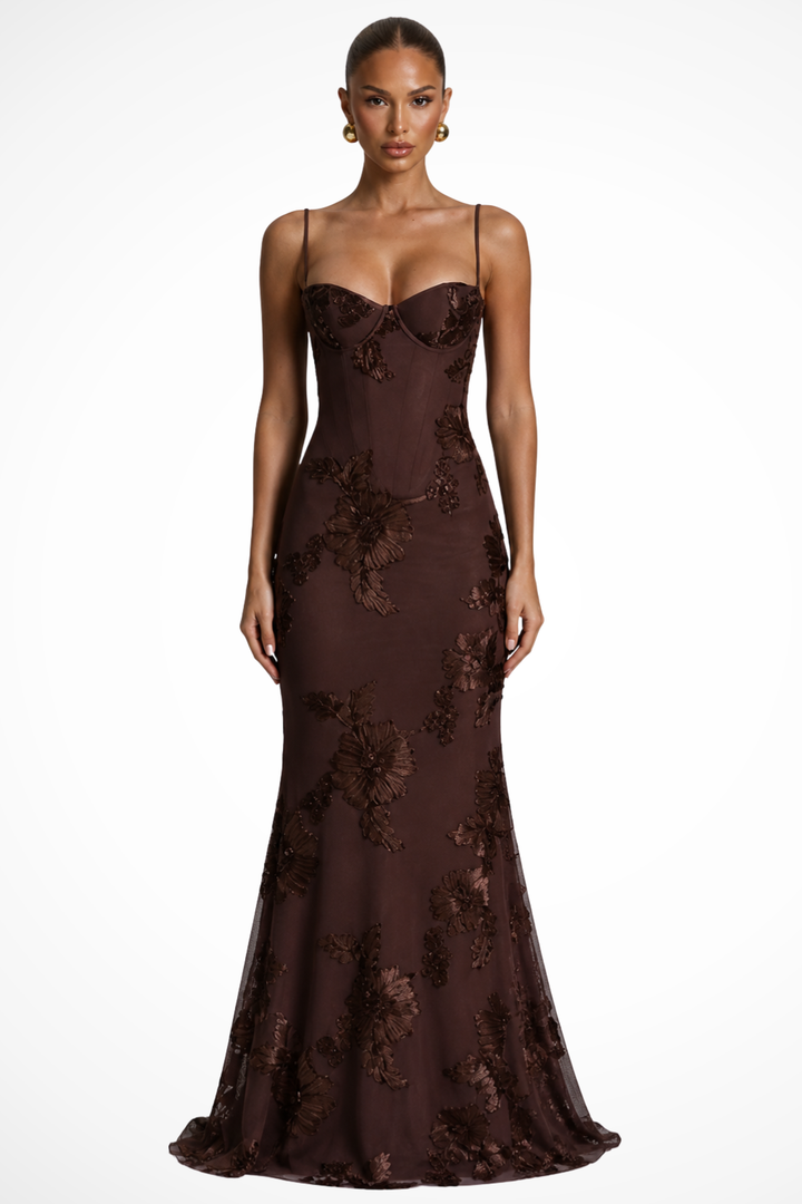 Brown Women's Floral Embroidered Corset Maxi Dress – Sorvienne