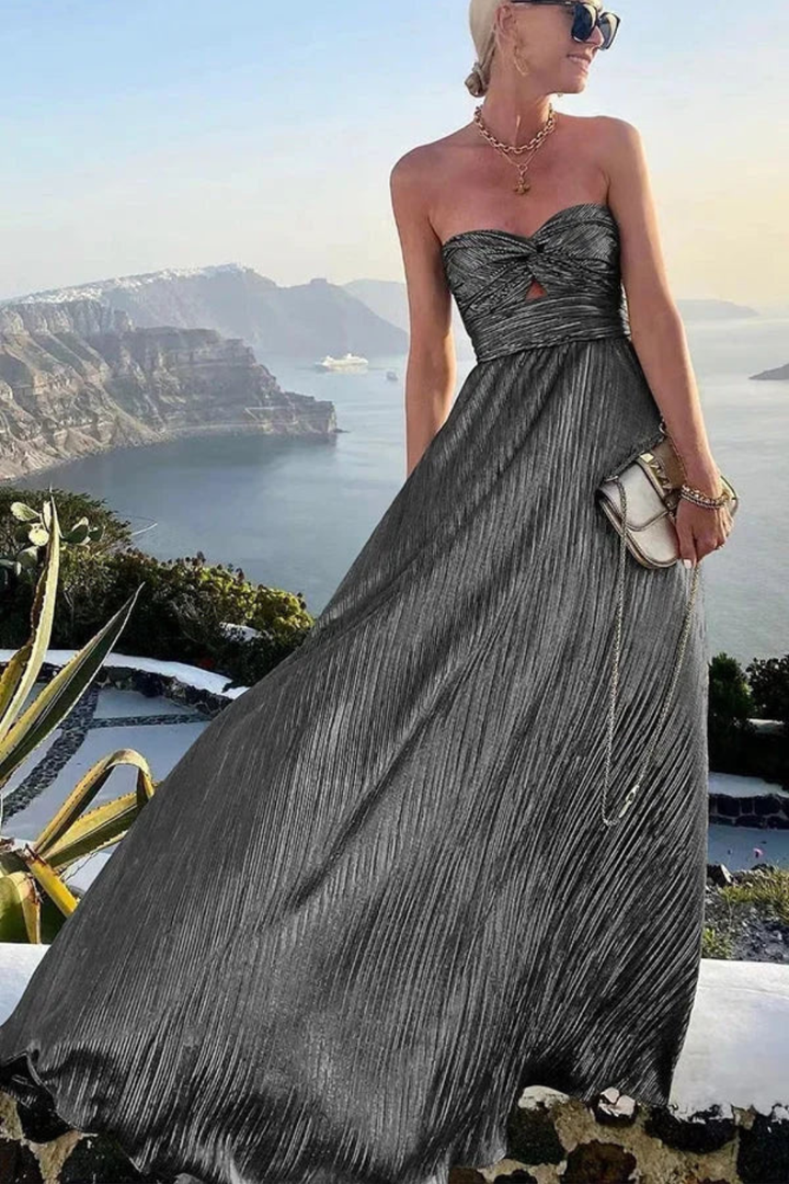 Sorvienne Strapless Twist Front Pleated Maxi Dress in Black