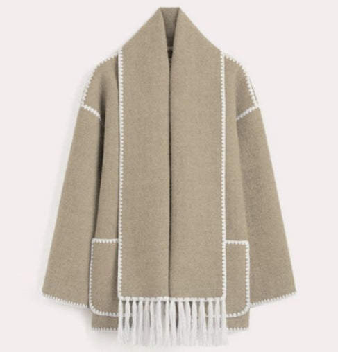 Sorvienne Oversized Blanket Stitch Scarf Coat in Beige