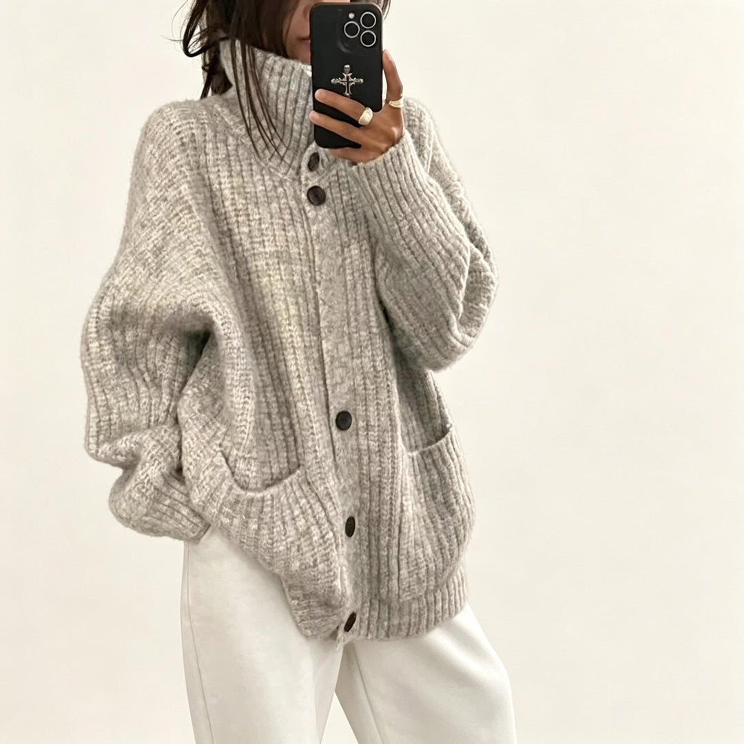 Sorvienne Oversized Chunky Rib Funnel Neck Cardigan in Light Grey