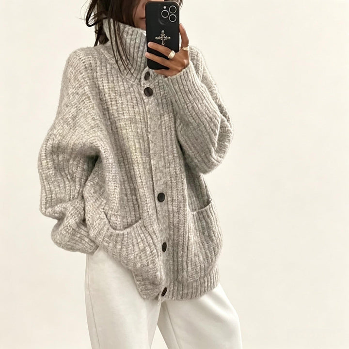 Sorvienne Oversized Chunky Rib Funnel Neck Cardigan in Light Grey