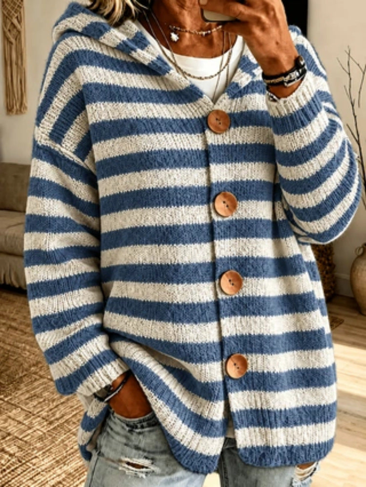 Sorvienne Relaxed Striped Button Front Hooded Cardigan in Blue Stripe