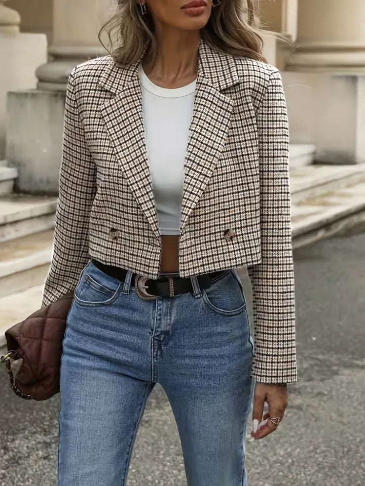 Sorvienne Double Breasted Check Cropped Blazer