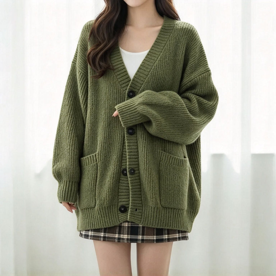 Sorvienne Relaxed Ribbed Boyfriend Cardigan in Olive