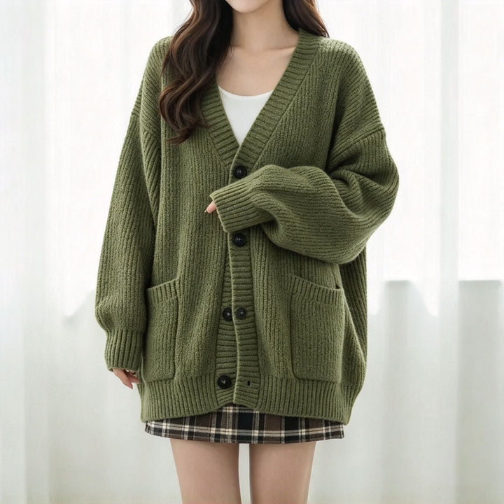 Sorvienne Relaxed Ribbed Boyfriend Cardigan in Olive
