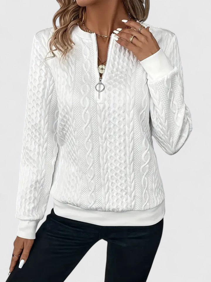 Sorvienne Relaxed Cable Texture Quarter Zip Jumper in White