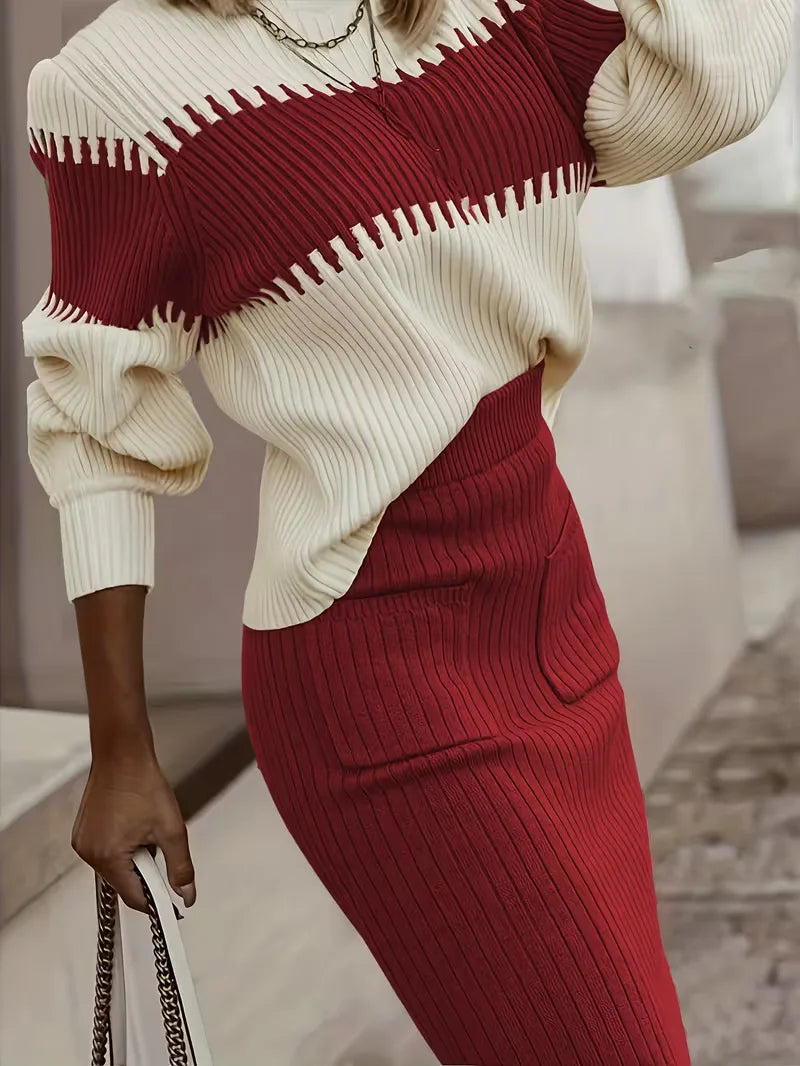 Sorvienne Relaxed Colour Block Knit Skirt Set in Red