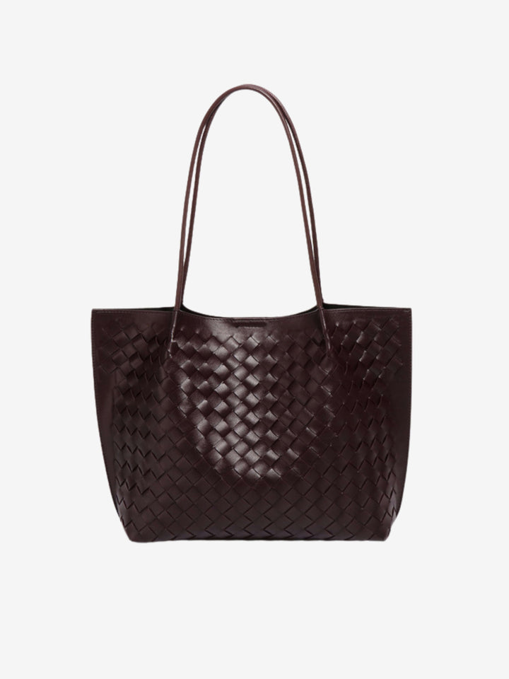 Sorvienne Structured Faux Leather Woven Tote Bag in Chocolate