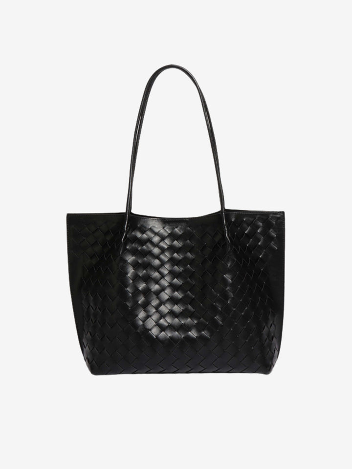 Sorvienne Structured Faux Leather Woven Tote Bag in Black
