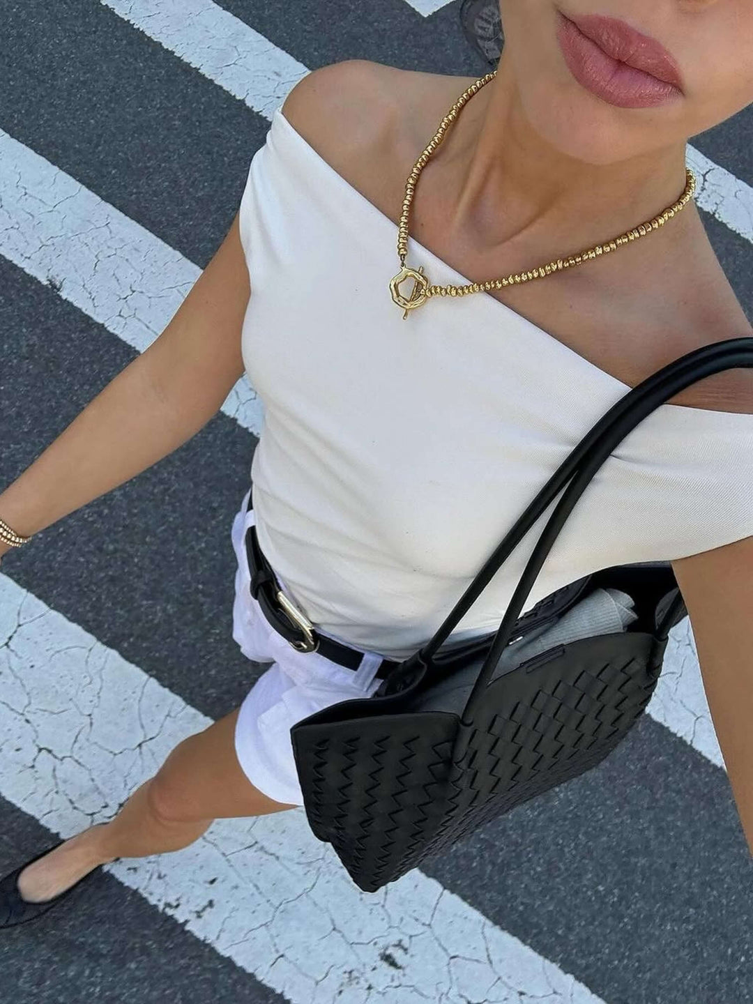 Sorvienne Structured Faux Leather Woven Tote Bag in Black