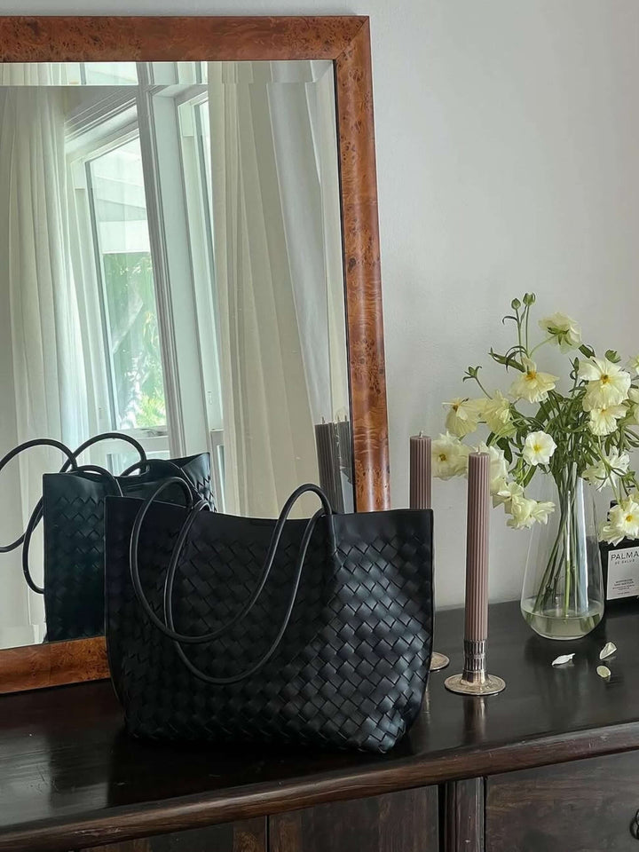 Sorvienne Structured Faux Leather Woven Tote Bag in Black