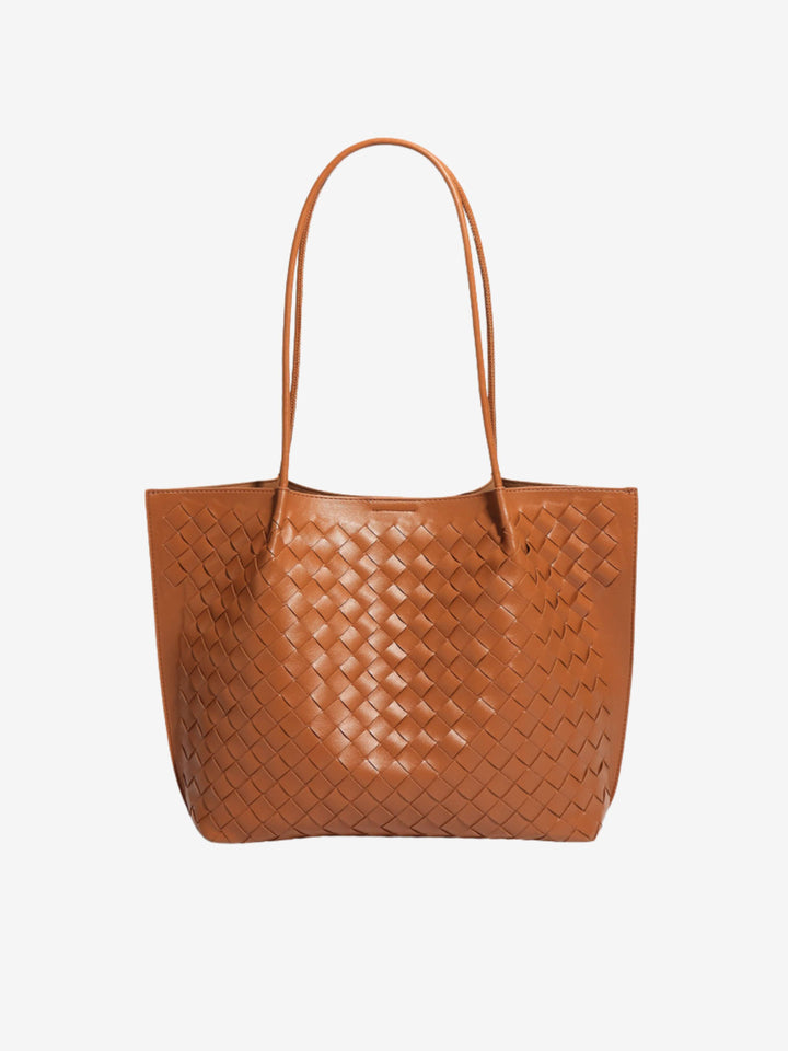Sorvienne Structured Faux Leather Woven Tote Bag in Tan