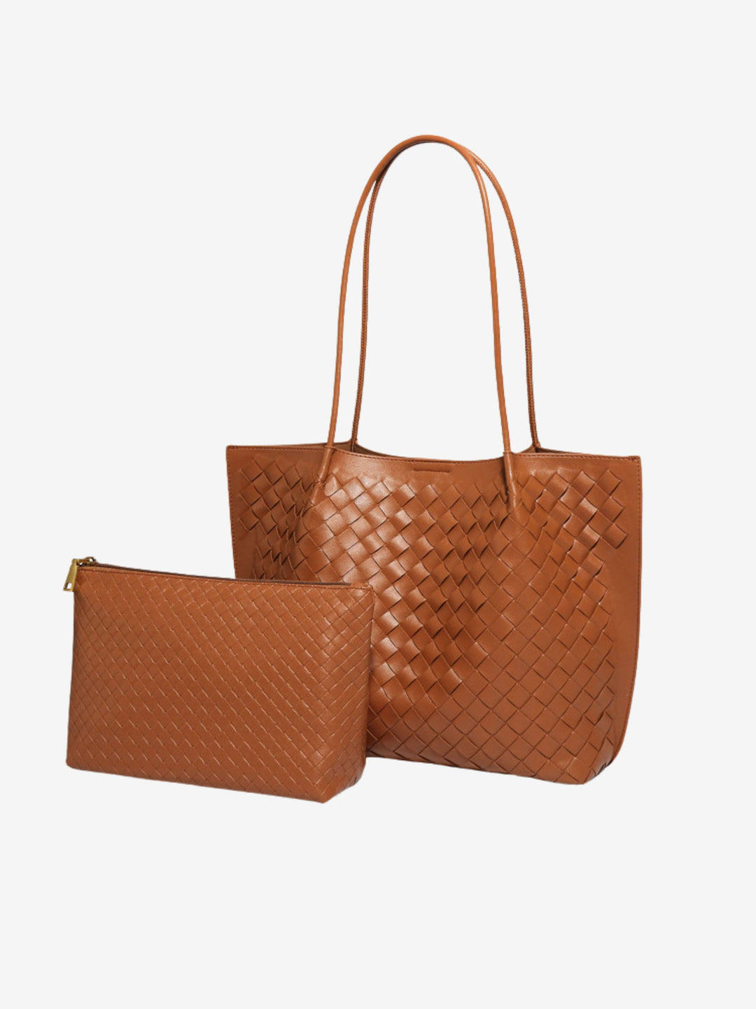 Sorvienne Structured Faux Leather Woven Tote Bag in Tan