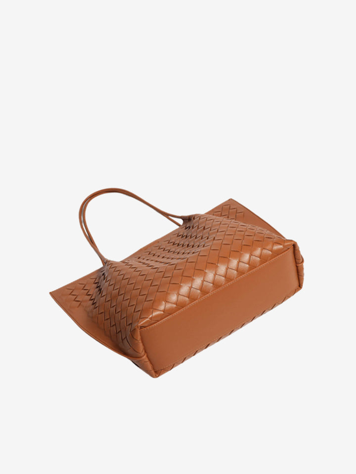 Sorvienne Structured Faux Leather Woven Tote Bag in Tan