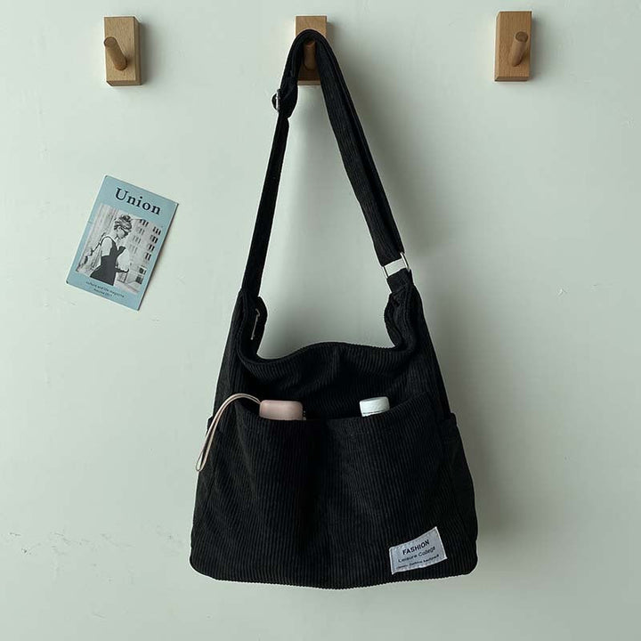 Sorvienne Large Front Pocket Cord Shoulder Bag in Black